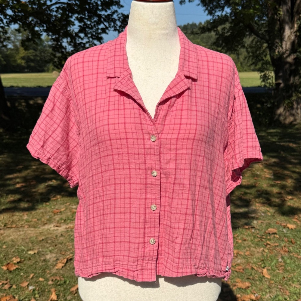 Eddie Bauer Womens XL Pink Plaid Short Sleeve Button Up Camp Shirt Cotton Blend